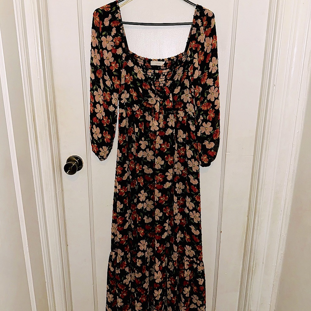 Lush: Square Neck Ruched Tie Floral Maxi Dress